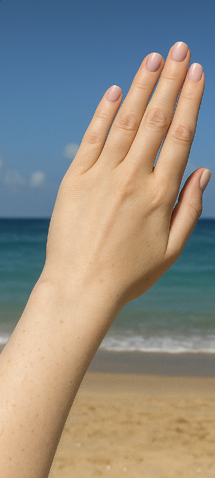 Before tanning - pale hand at beach