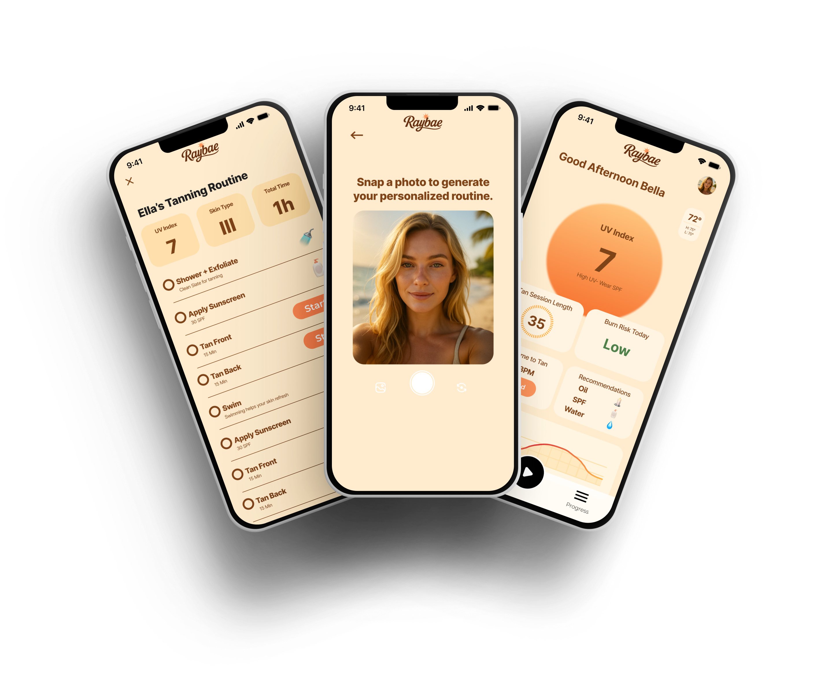 Raybae App Screens showing personalized tanning routines